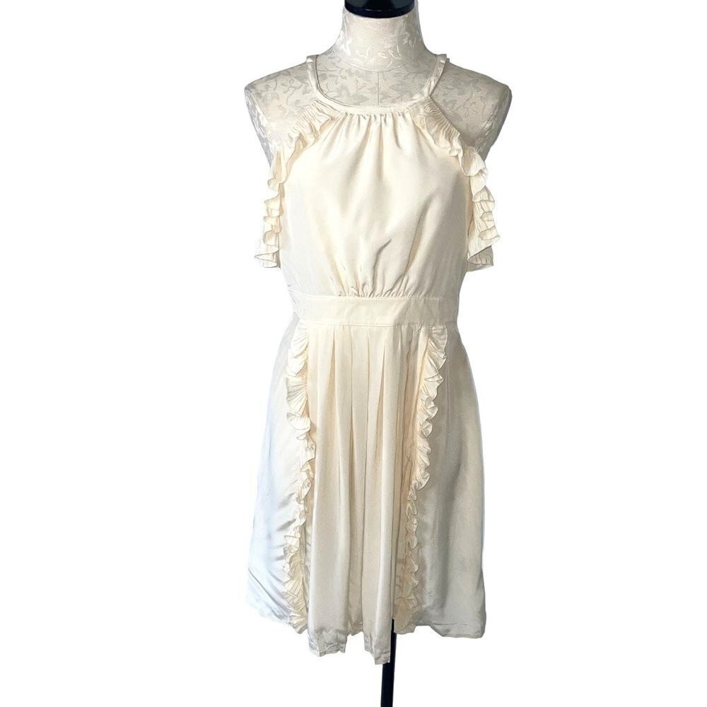 Tibi Womens Ruffle Dress Size 6 Cream Pure Silk Size Zipper Back Button Details